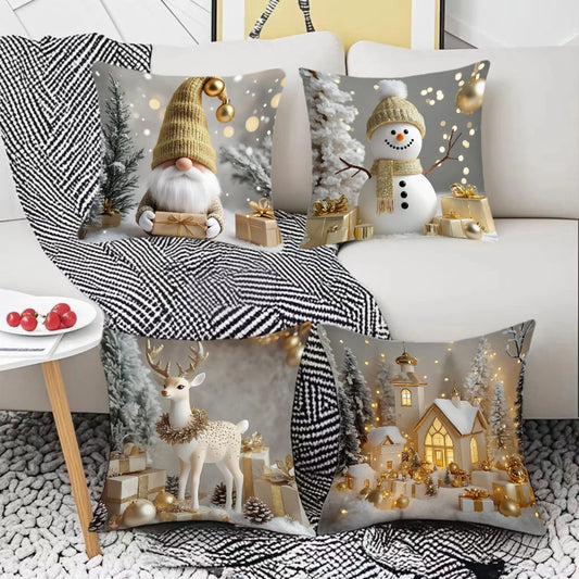 Christmas Pillow Covers (4‑Pack) – Festive Santa, Snowman, Reindeer & Tree Designs