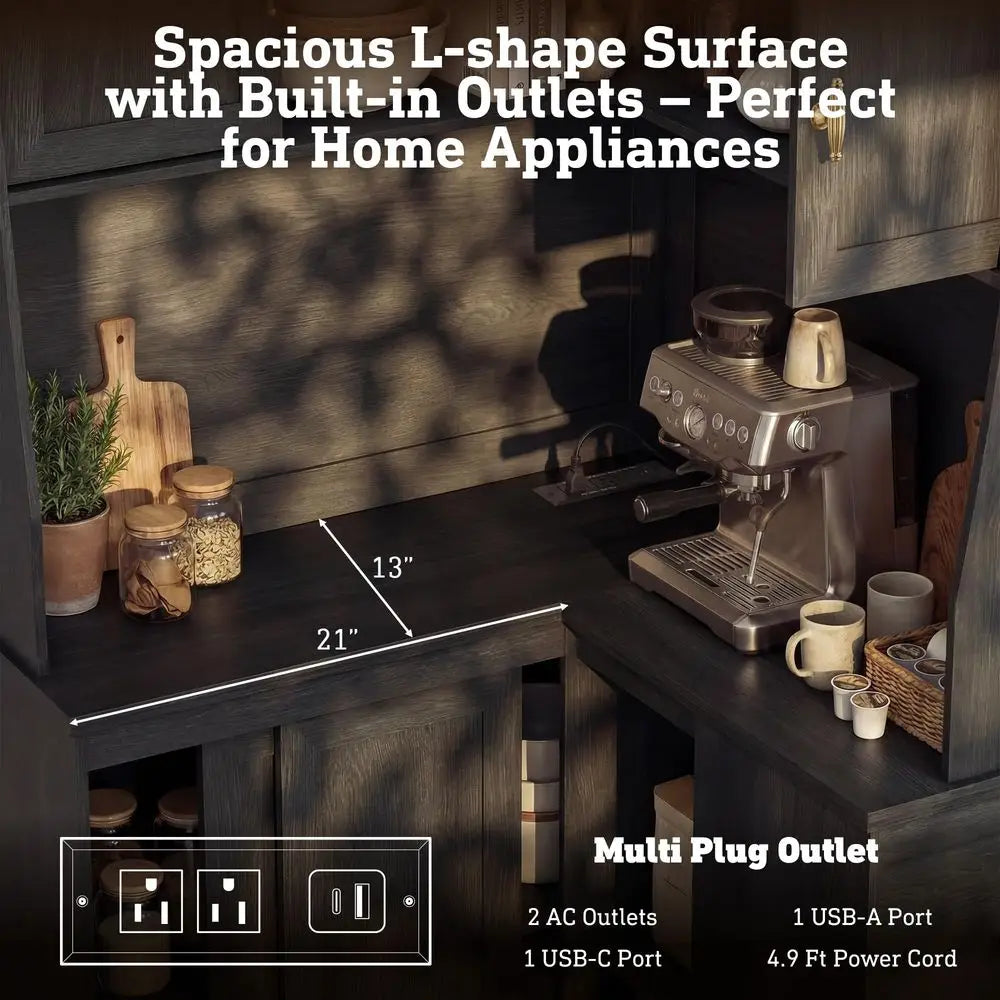 71" L-Shaped Corner Cabinet with Charging Station | Multi-Functional Kitchen Pantry & Wine Bar
