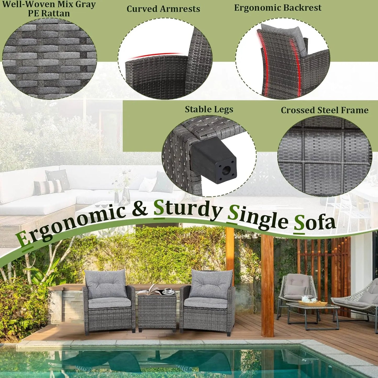 3‑Piece Wicker Patio Furniture Set – Rattan Sofa & Chairs with Tempered Glass Table and Heavy‑Duty Steel Frame