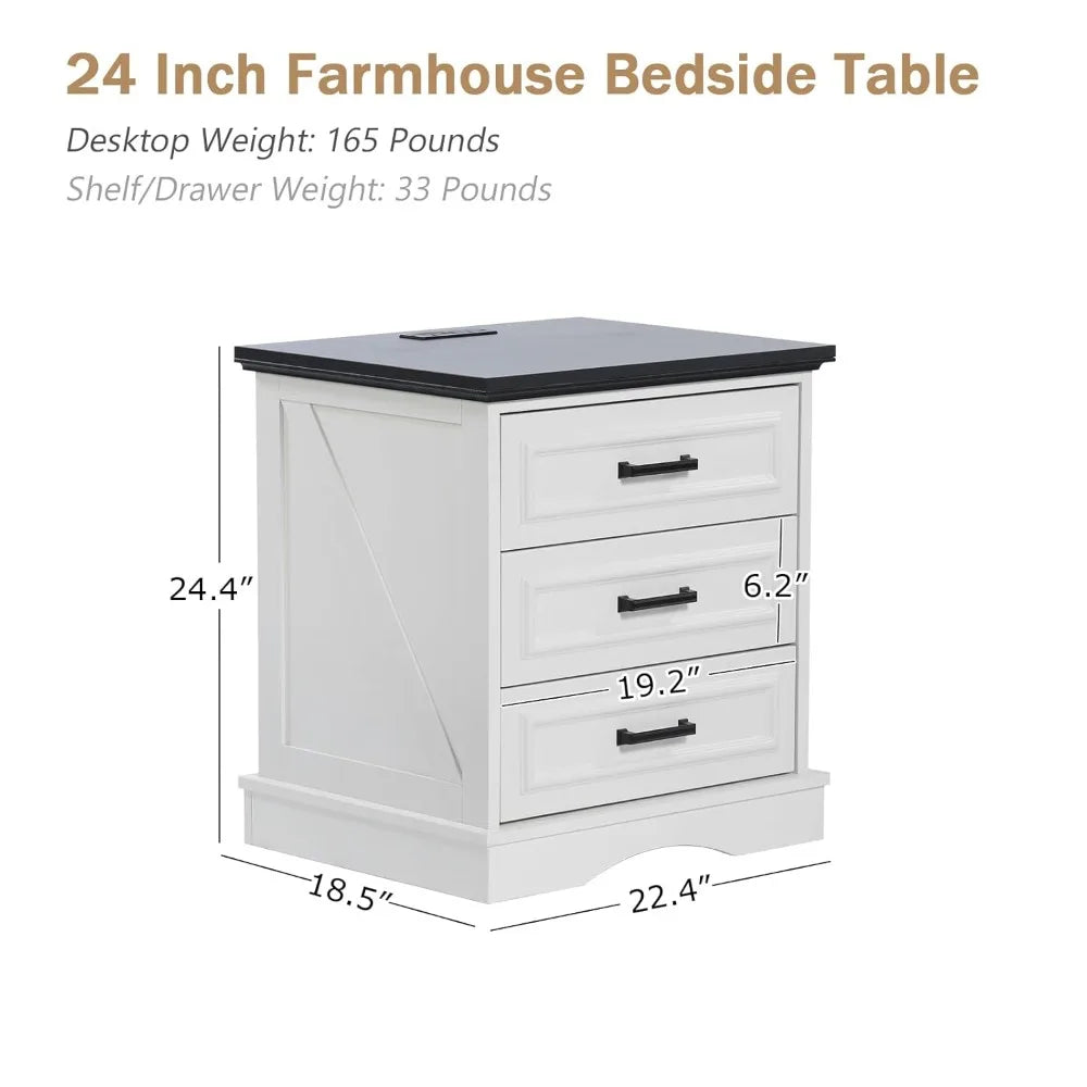 Farmhouse Nightstand Set of 2 – Wood Bedside Tables with Charging Station and 2 or 3 Drawers