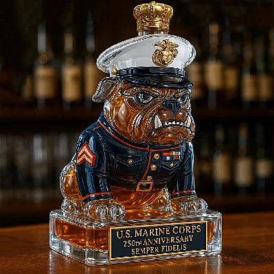 250th Anniversary U.S. Military Bulldog Whiskey Decanter, Army Themed Glass Liquor Bottle for Bar Decor & Veteran Gifts