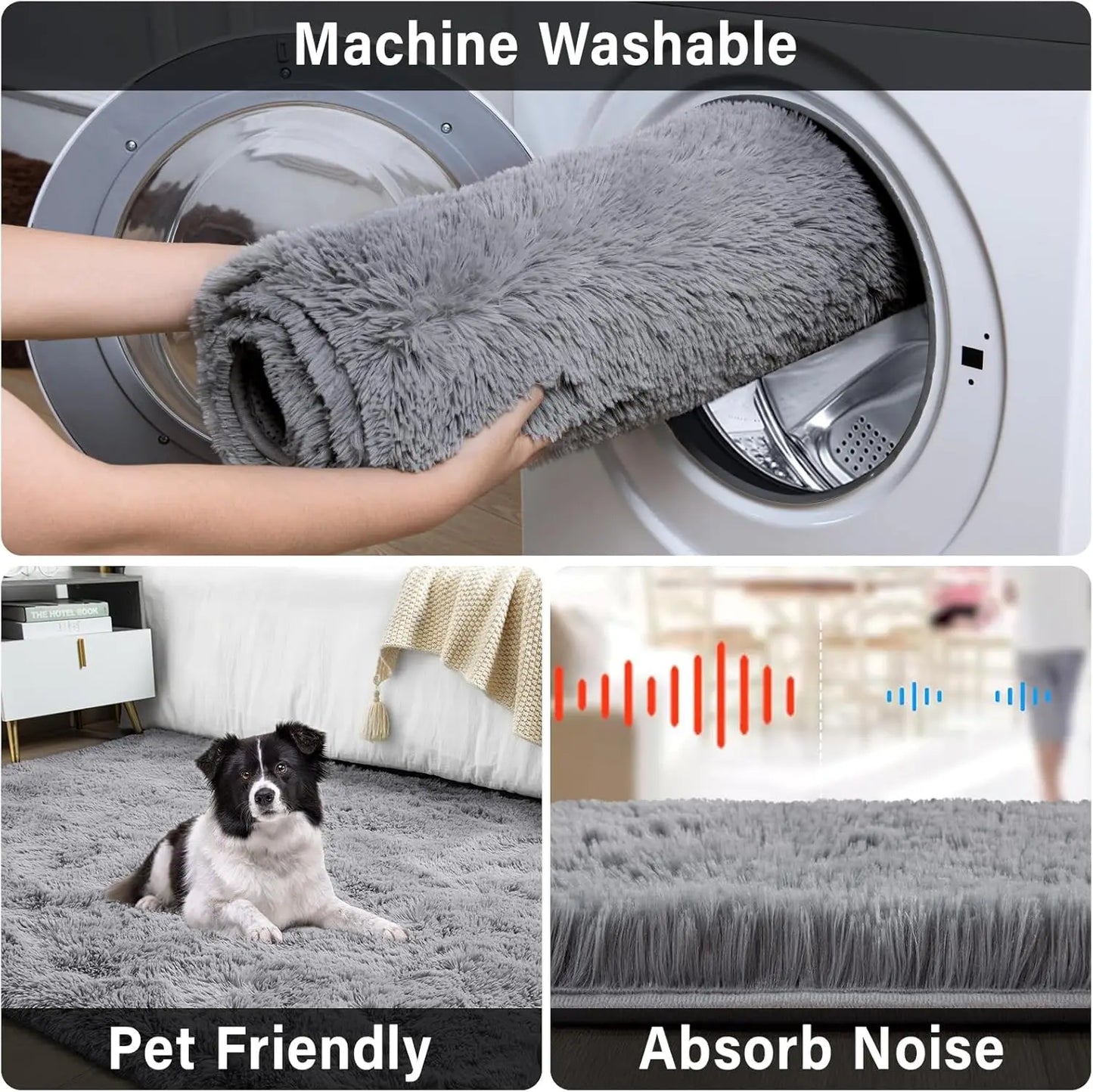 9x12 Soft Shaggy Area Rug – Grey, Non‑Slip, Plush Floor Carpet