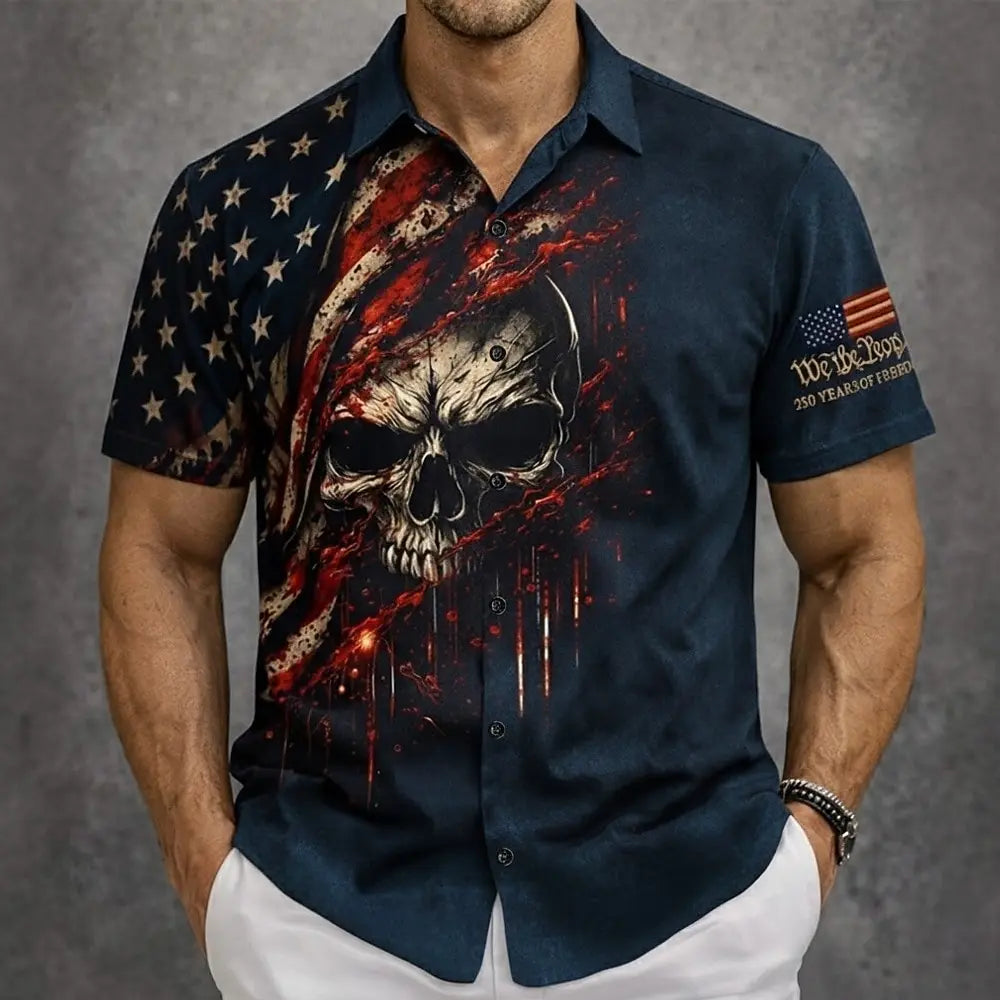 Men's Skull US Flag America's 250th Anniversary Shirt Button Up Shirt Short Sleeve Patriotic Outdoor Holiday Summer shirts