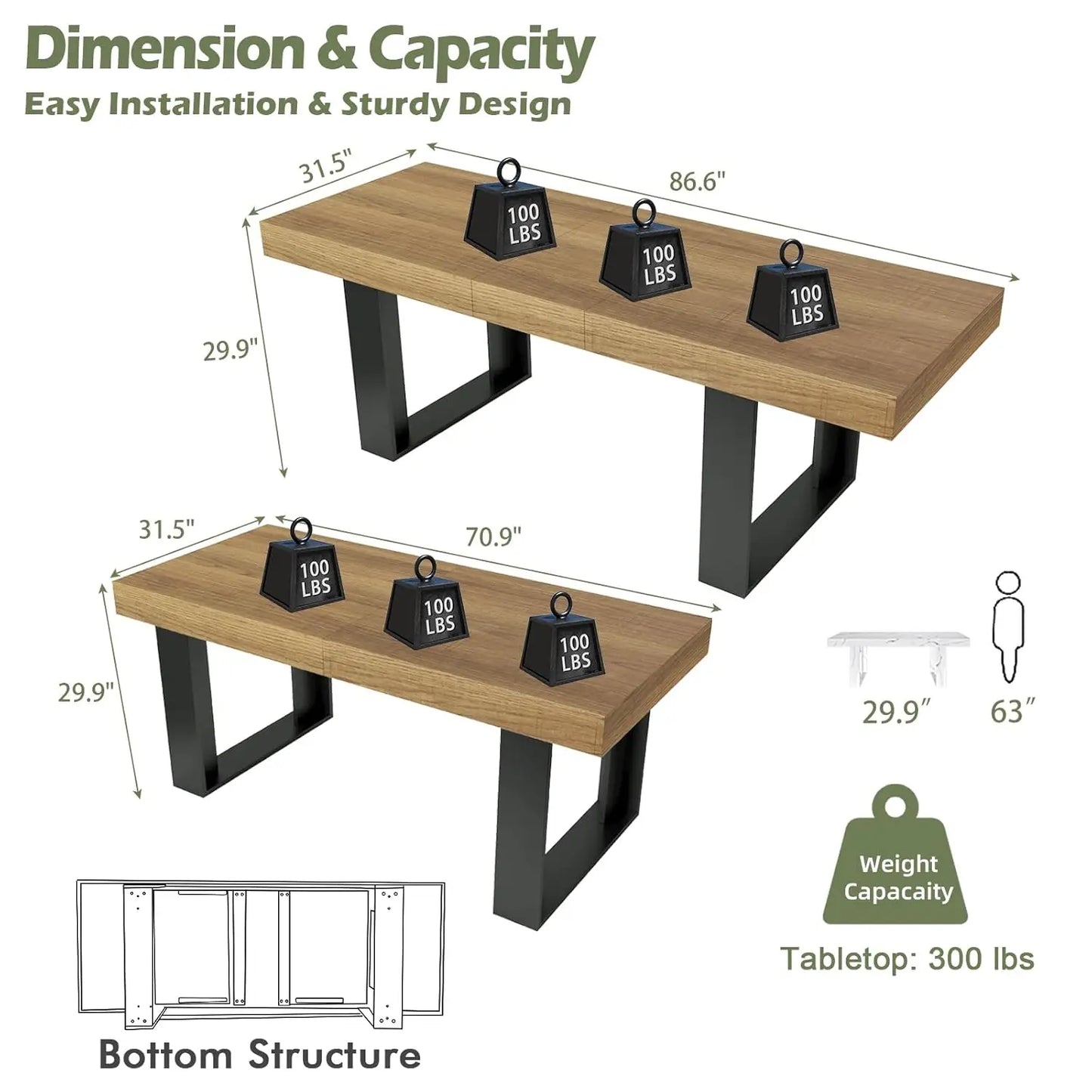 70" x 31.5" Farmhouse Rustic Extendable Dining Table
