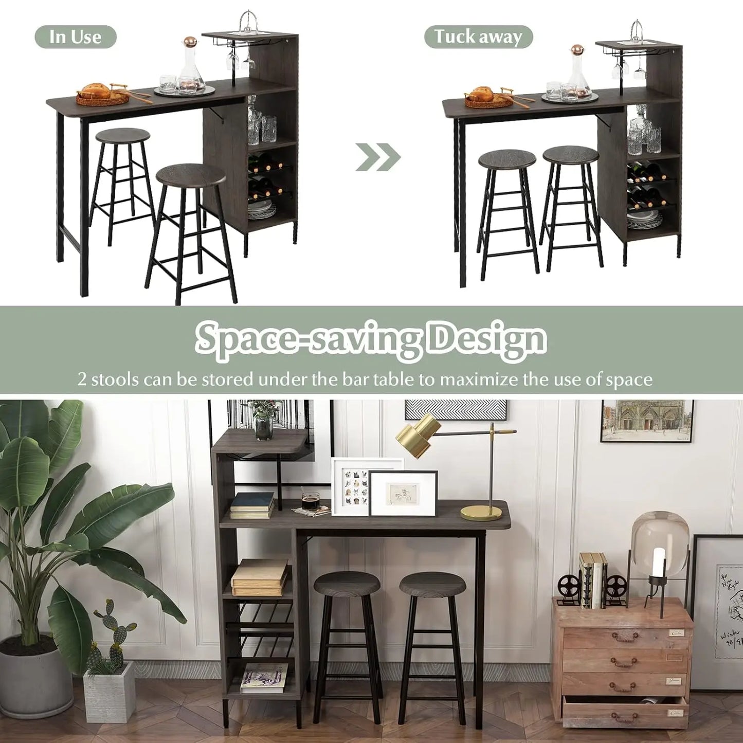 3‑Piece Bar Table & Stool Set – Space‑Saving Design with Built‑In Glass Holder
