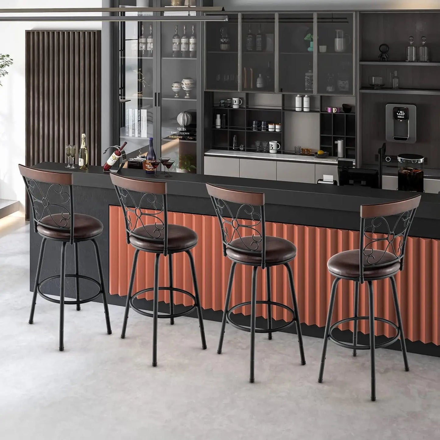 Bar Stools 24 to 30 Inch Adjustable Seat Height, Swivel Set of 4, Cushioned Seat