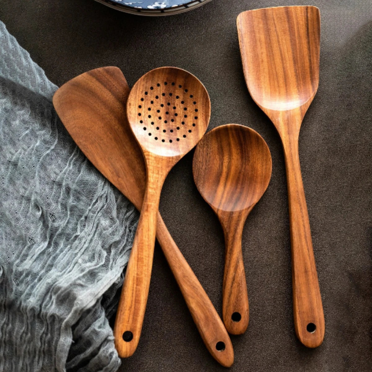 Wood Kitchenware Cooking Set With storage bucket