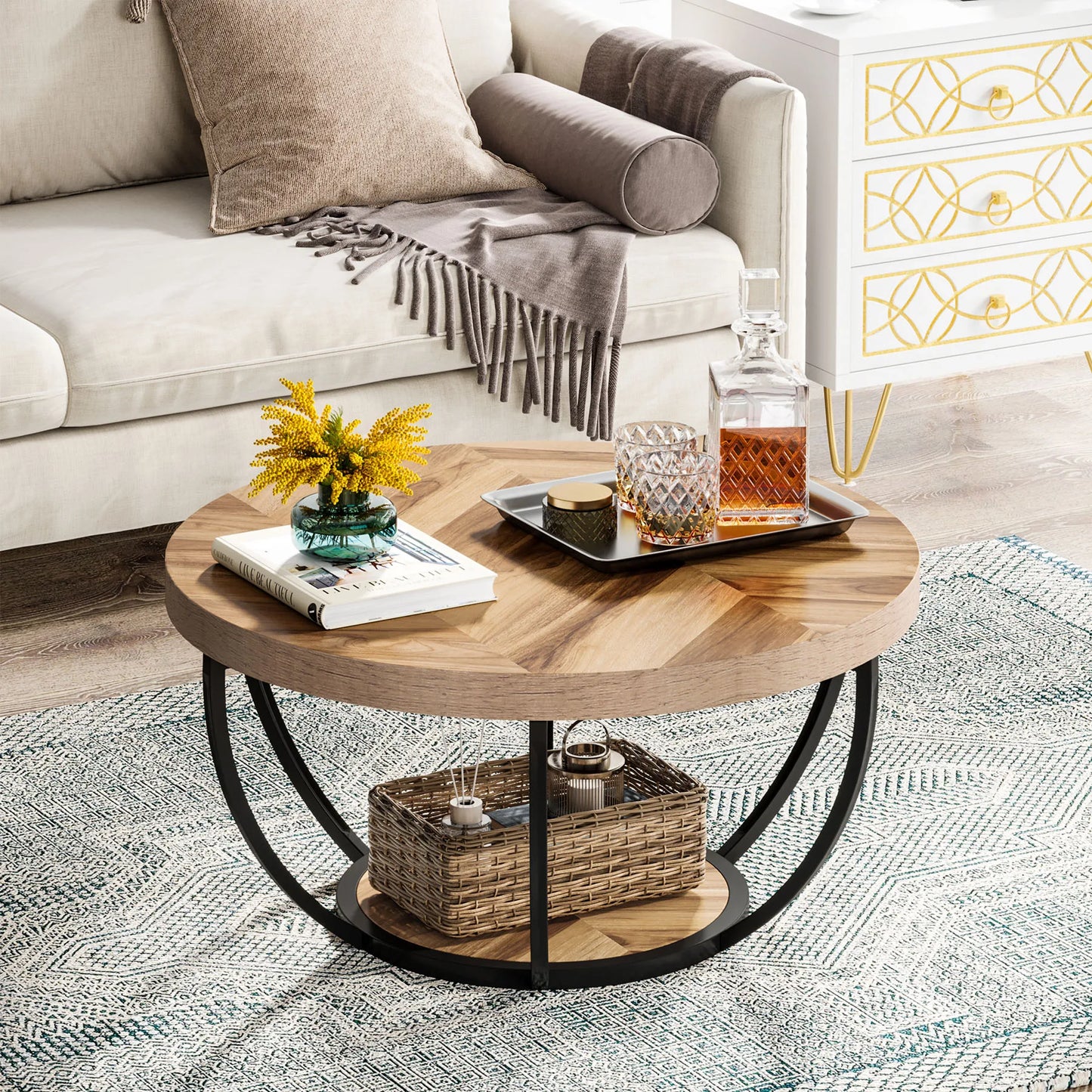 31" Round Coffee Table, Industrial 2-Tier Table with Storage Shelves
