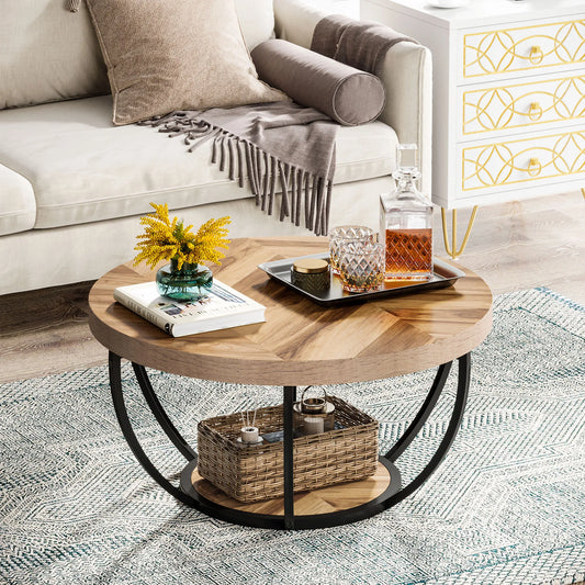 31" Round Coffee Table, Industrial 2-Tier Table with Storage Shelves