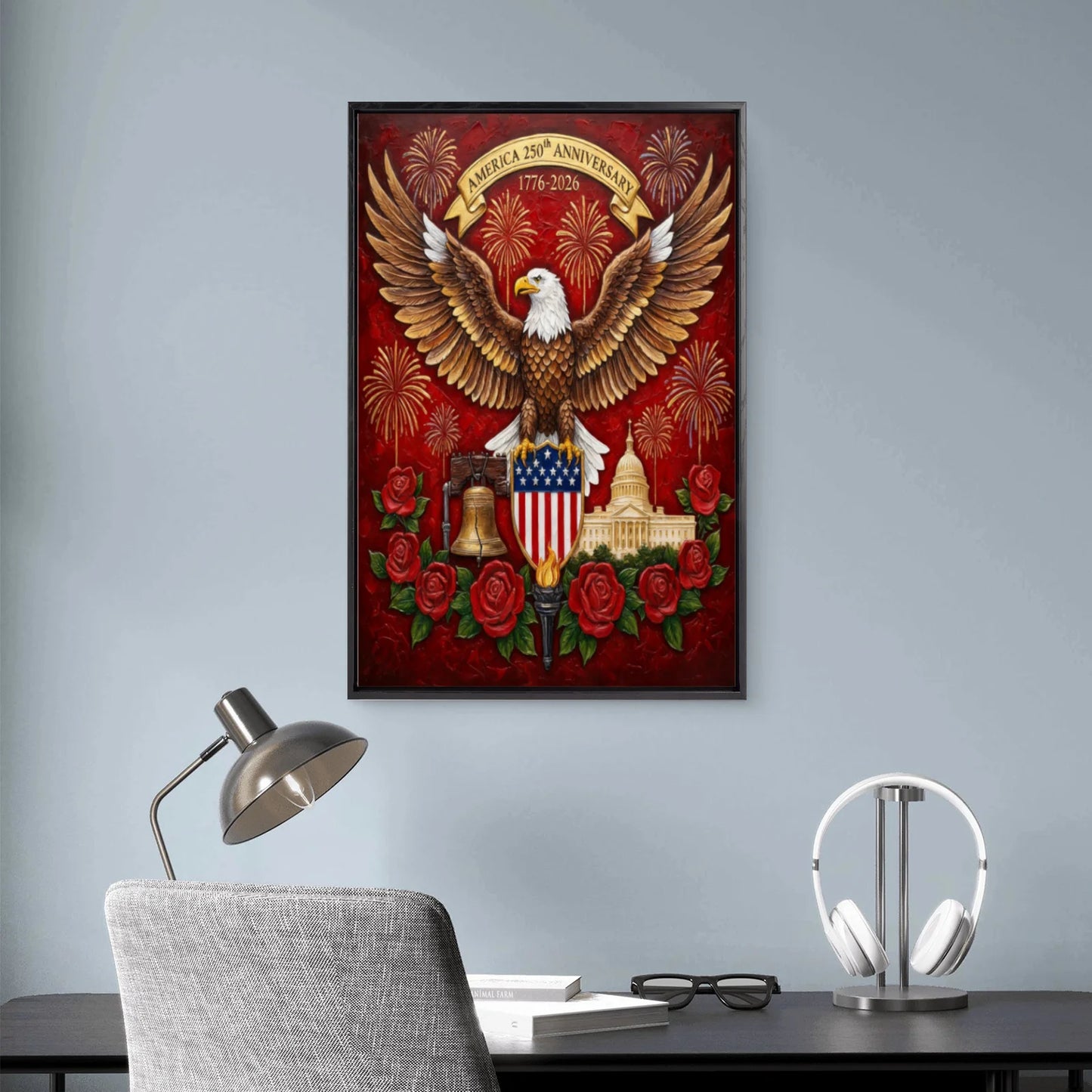 America 250th Anniversary Bald Eagle Framed Wall Art – 1776–2026 Independence Day Canvas Print, Ready to Hang