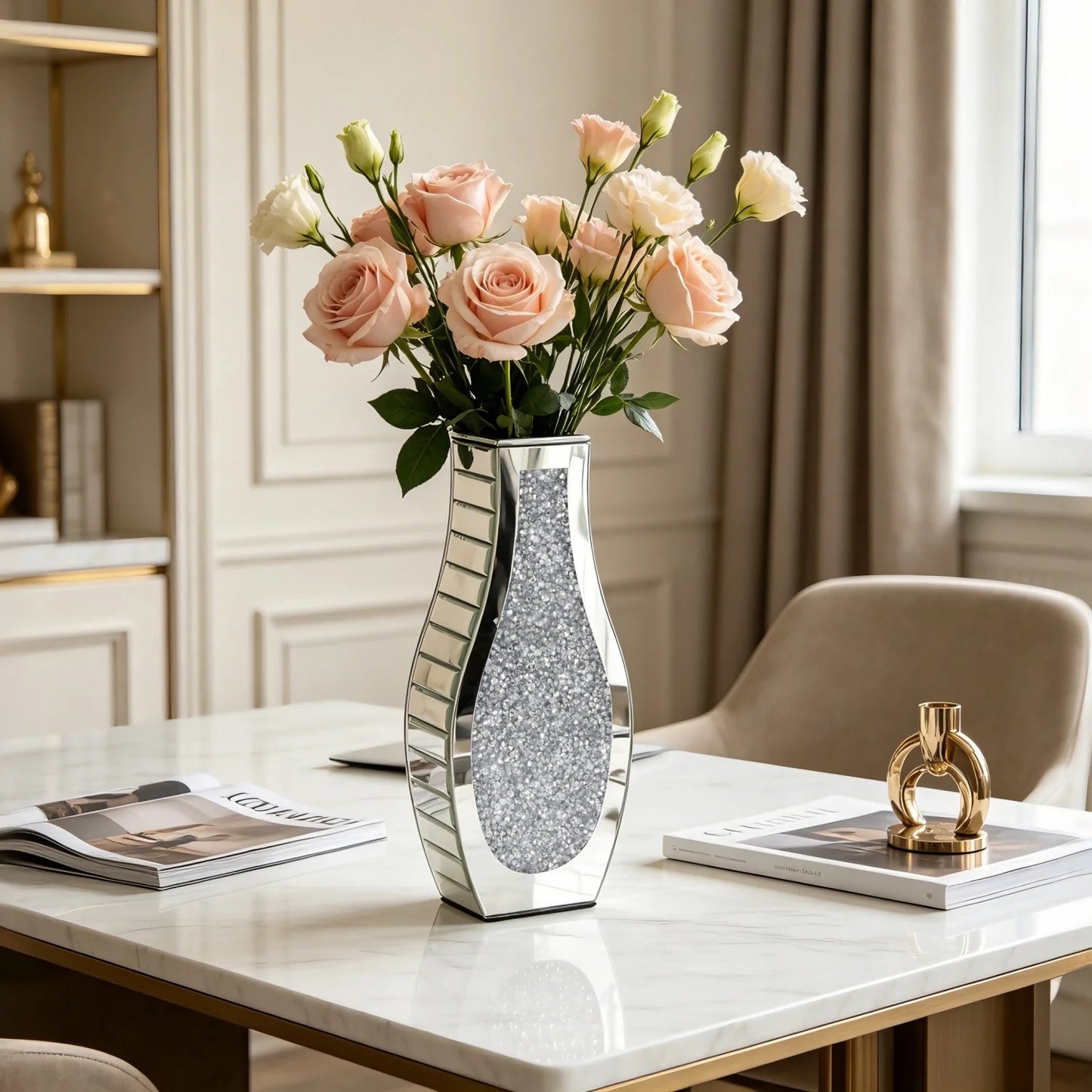 Modern Crushed Diamond Mirror Vase – Crystal‑Accented Decorative Flower Vase for Home Styling
