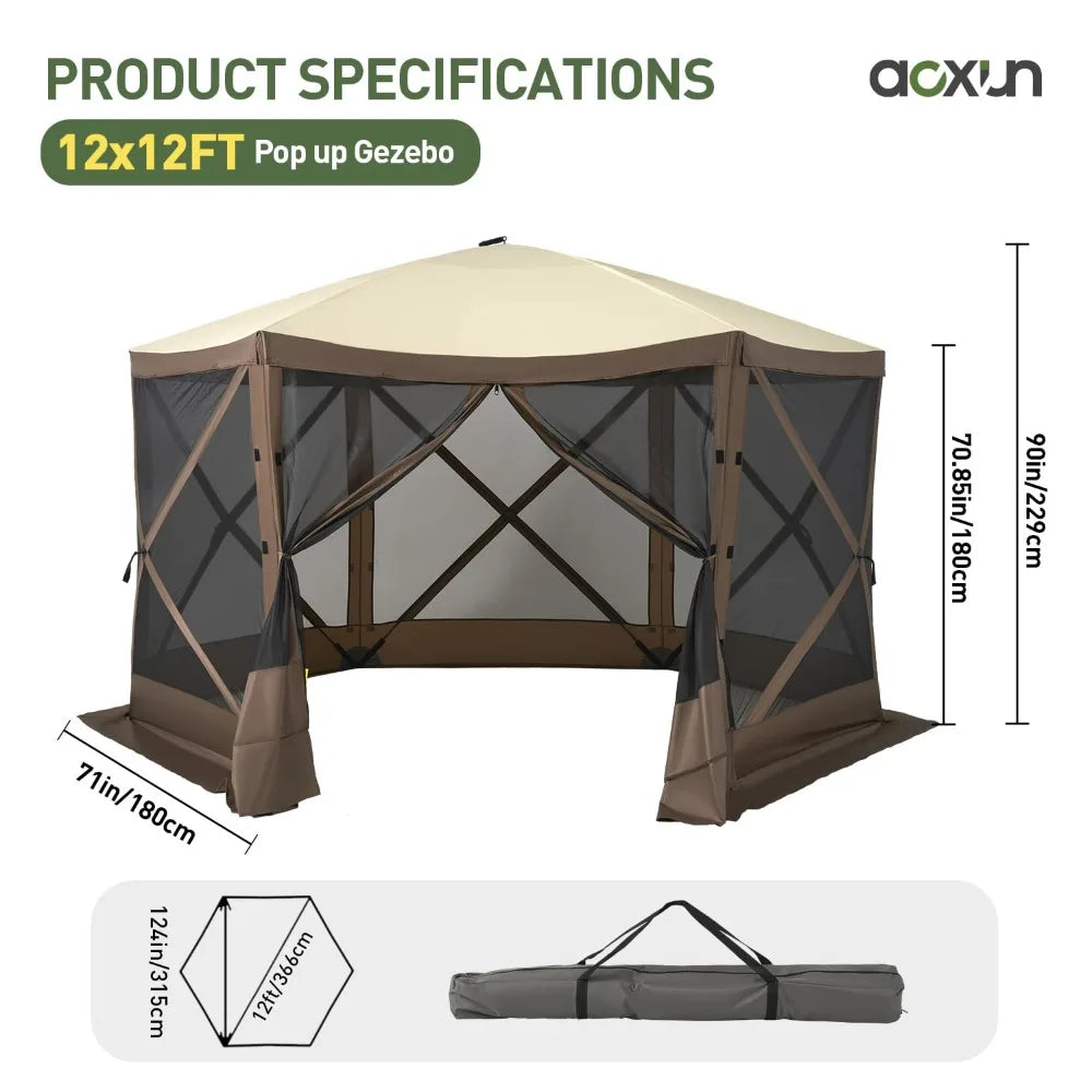 12×12 FT Pop‑Up Gazebo Screen Tent – 6‑Sided Canopy with Carry Bag & Stakes