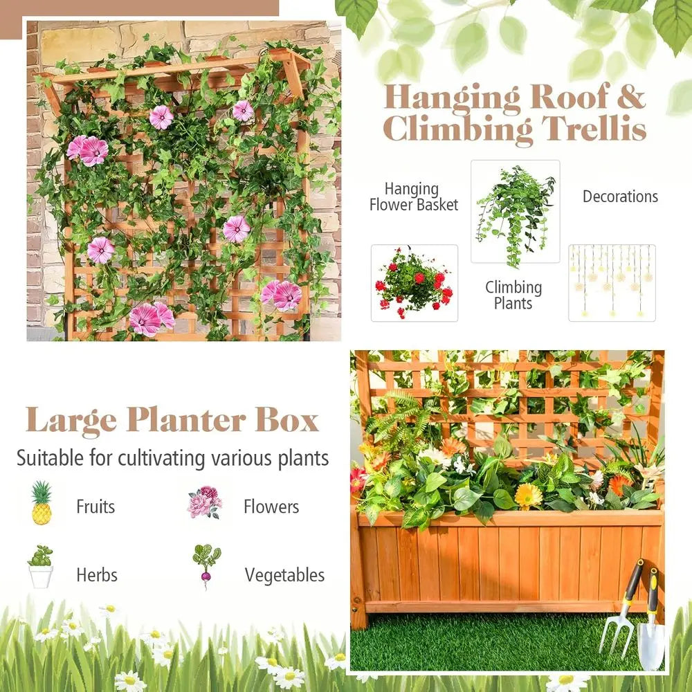 72.5 Tall Wooden Planter Box with Trellis, Hanging Bar, Drainage, and Lattice Panel for Climbing Plants