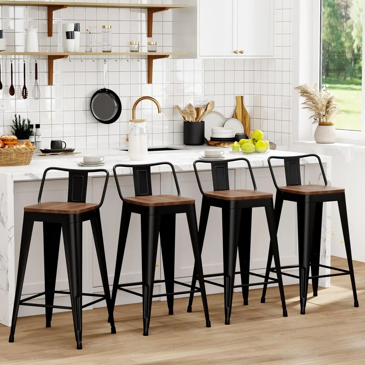 Set of 4 Black Metal Bar Stools with Removable Back, Wooden Seat, 26" Counter Height, Stackable Design