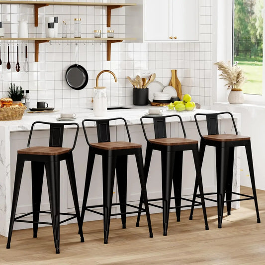 Set of 4 Black Metal Bar Stools with Removable Back, Wooden Seat, 26" Counter Height, Stackable Design