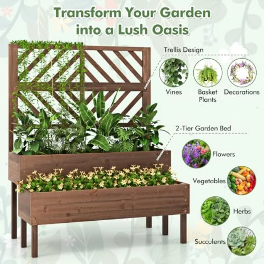 Outdoor Wooden Raised Garden Bed – 2‑Tier Planter Boxes with Trellis & Drainage Holes (Brown)