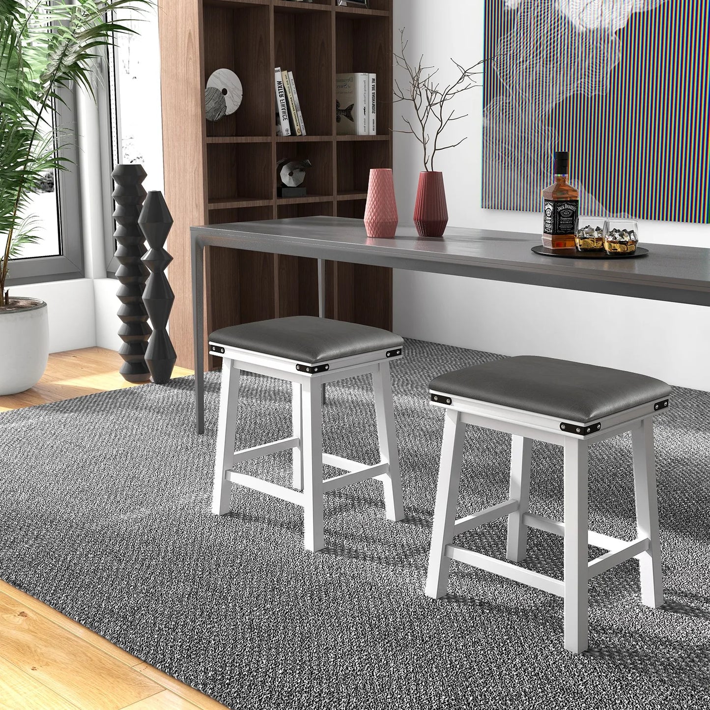 24" Counter‑Height Bar Stools (4-Pack) – Leather Upholstered Seating with Footrest