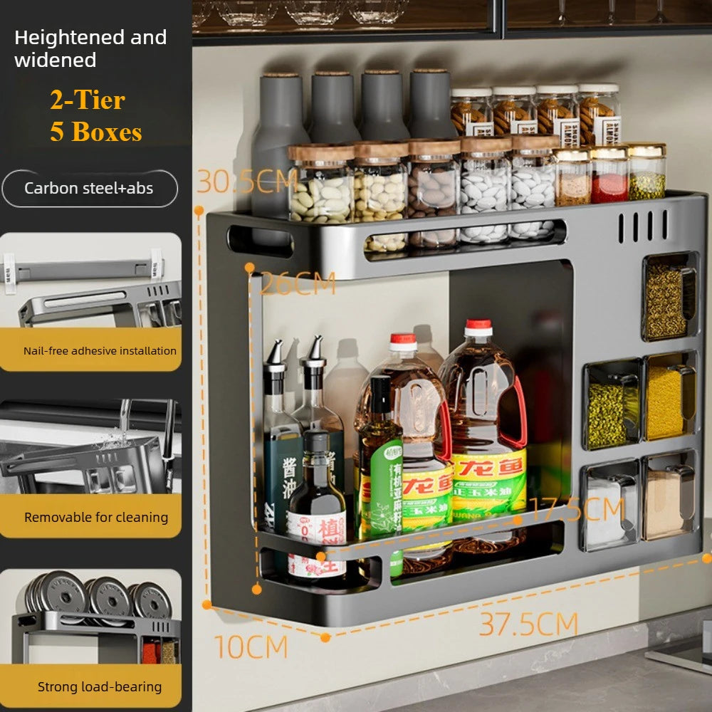 No‑Drill Wall‑Mounted Spice Rack – Carbon Steel Pull‑Out Seasoning Organizer for Kitchen