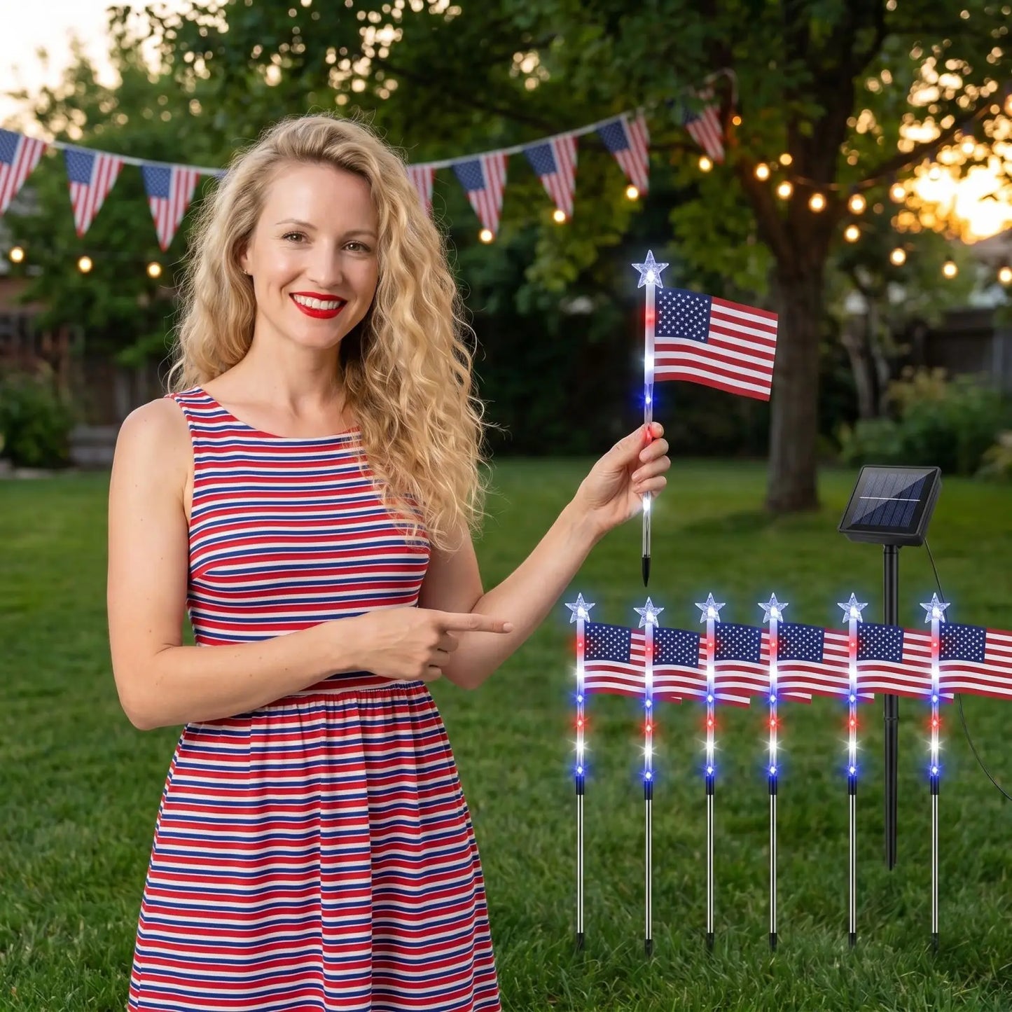 Solar Powered American Flag LED Pathway Lights - Waterproof