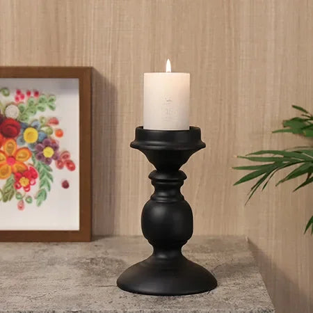 Nordic Statuesque Pillar Candle Holders – Matte Black Metal Accent Set (Sold Individually or Set of 3)