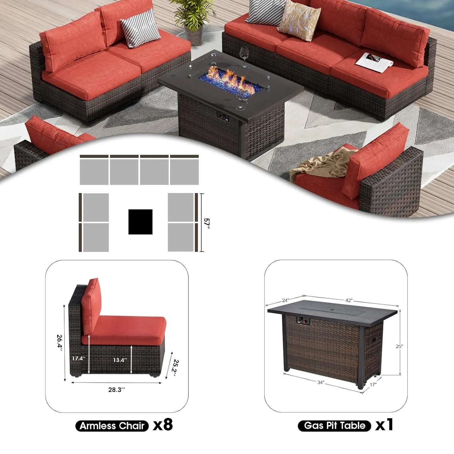 9 Pieces Outdoor Sectional Patio Furniture Set with Fire Pit Table PE Rattan Wicker Patio Sectional Armless, Customized