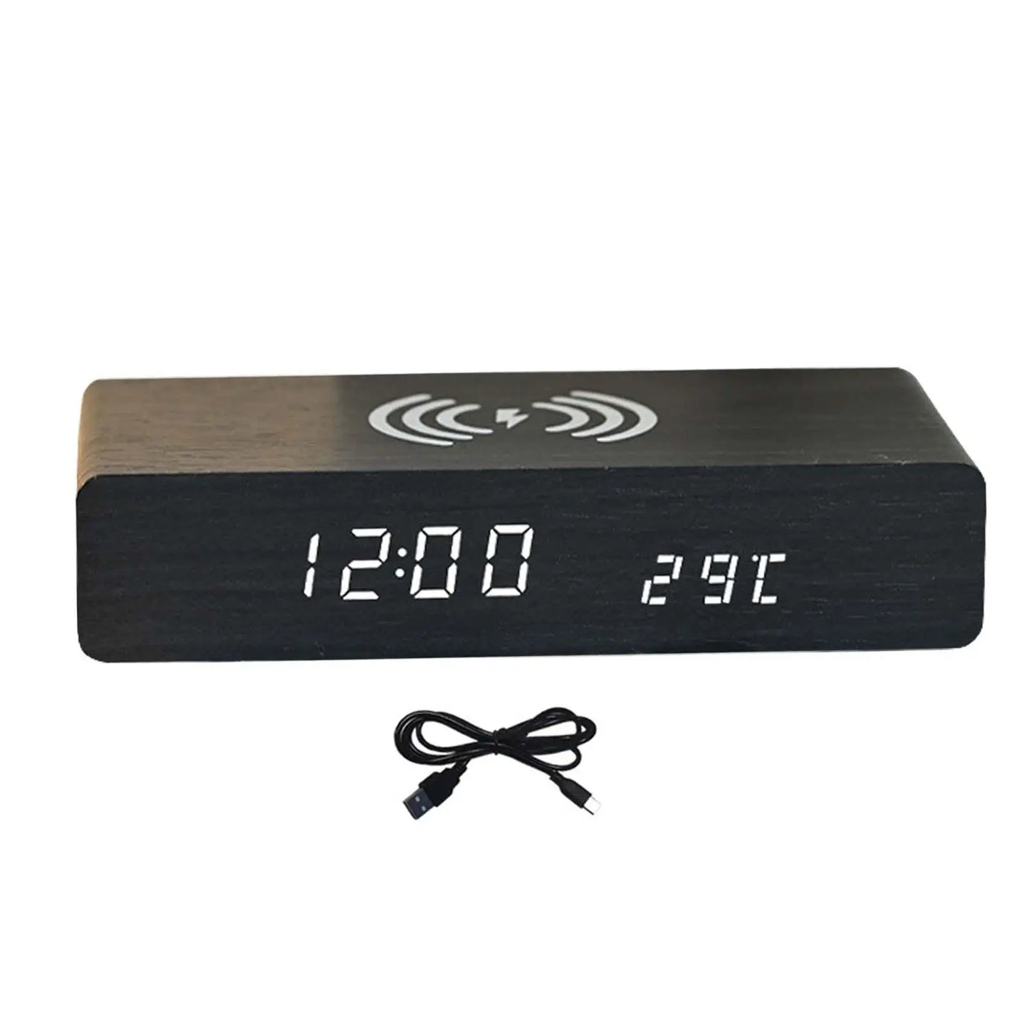 Minimalist Wooden Digital Clock – Wireless Charging Bedside Alarm