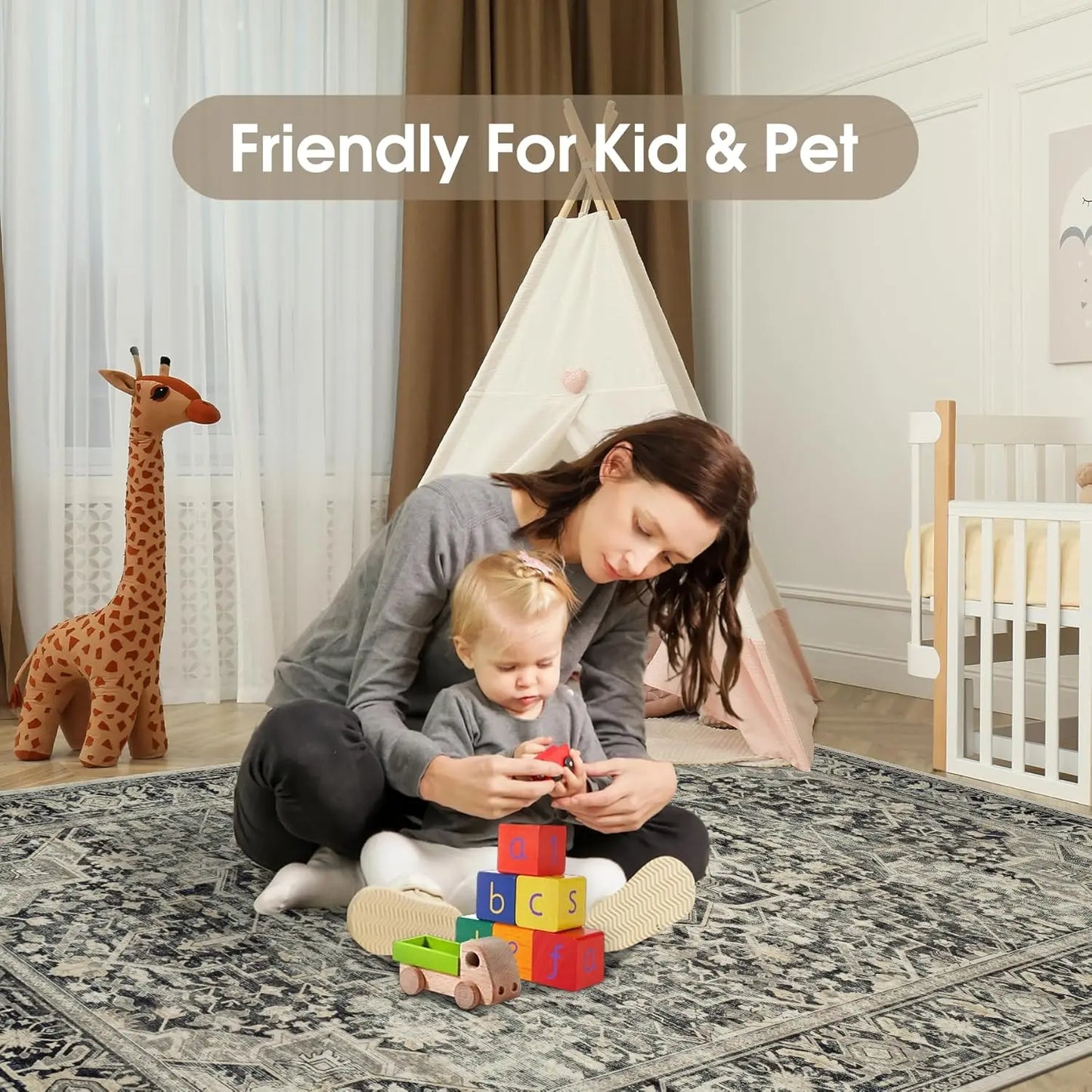 Soft Vintage Washable Area Rug 9x12 with Anti-Skid Backing, Stain Resistant