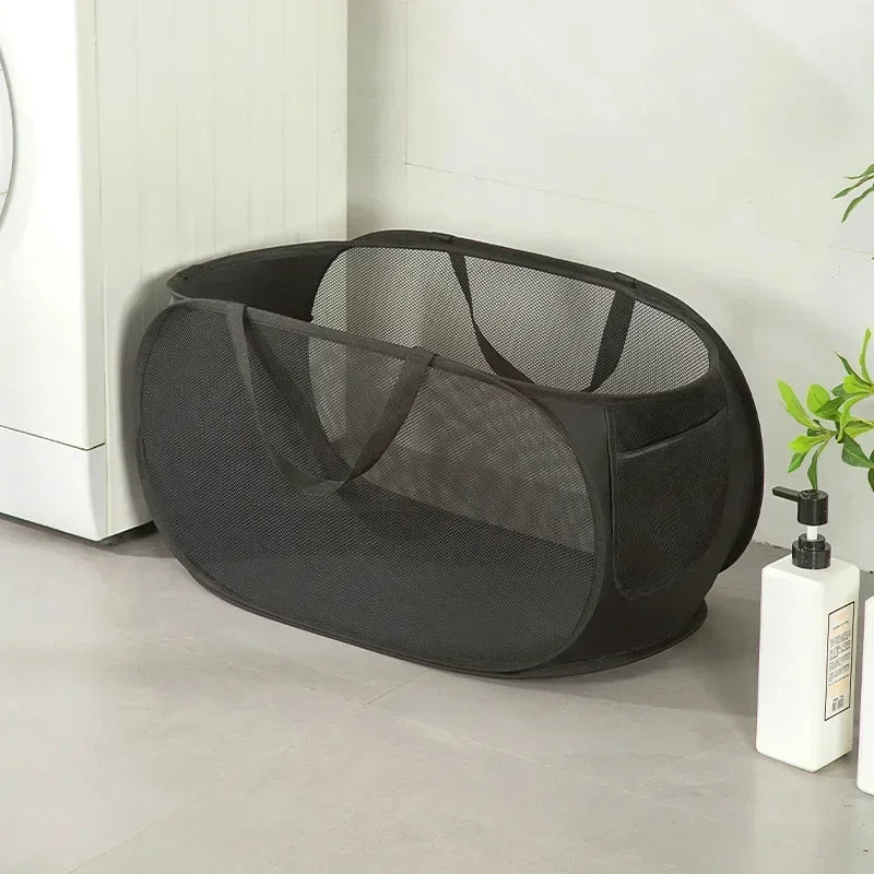 Durable Collapsible Laundry Basket, Mesh Pop Up Laundry Hamper With Side Pocket, Foldable Clothes Storage Hamper
