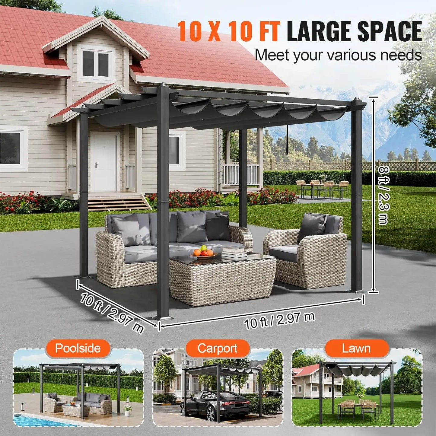 10'x10' Outdoor Retractable Pergola with Canopy, Aluminum
