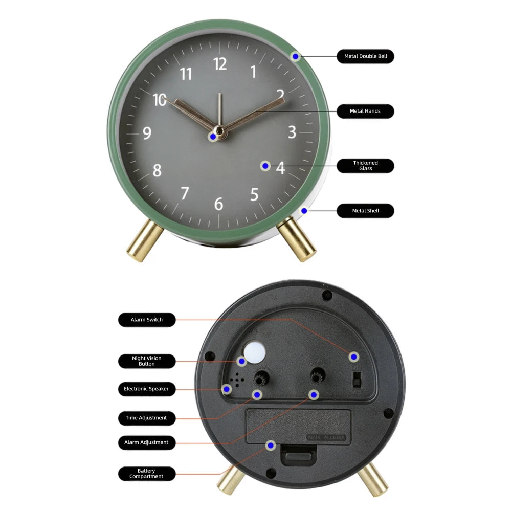 Nordic Retro Analog Desk Clock – Silent Bedside Alarm with Backlight