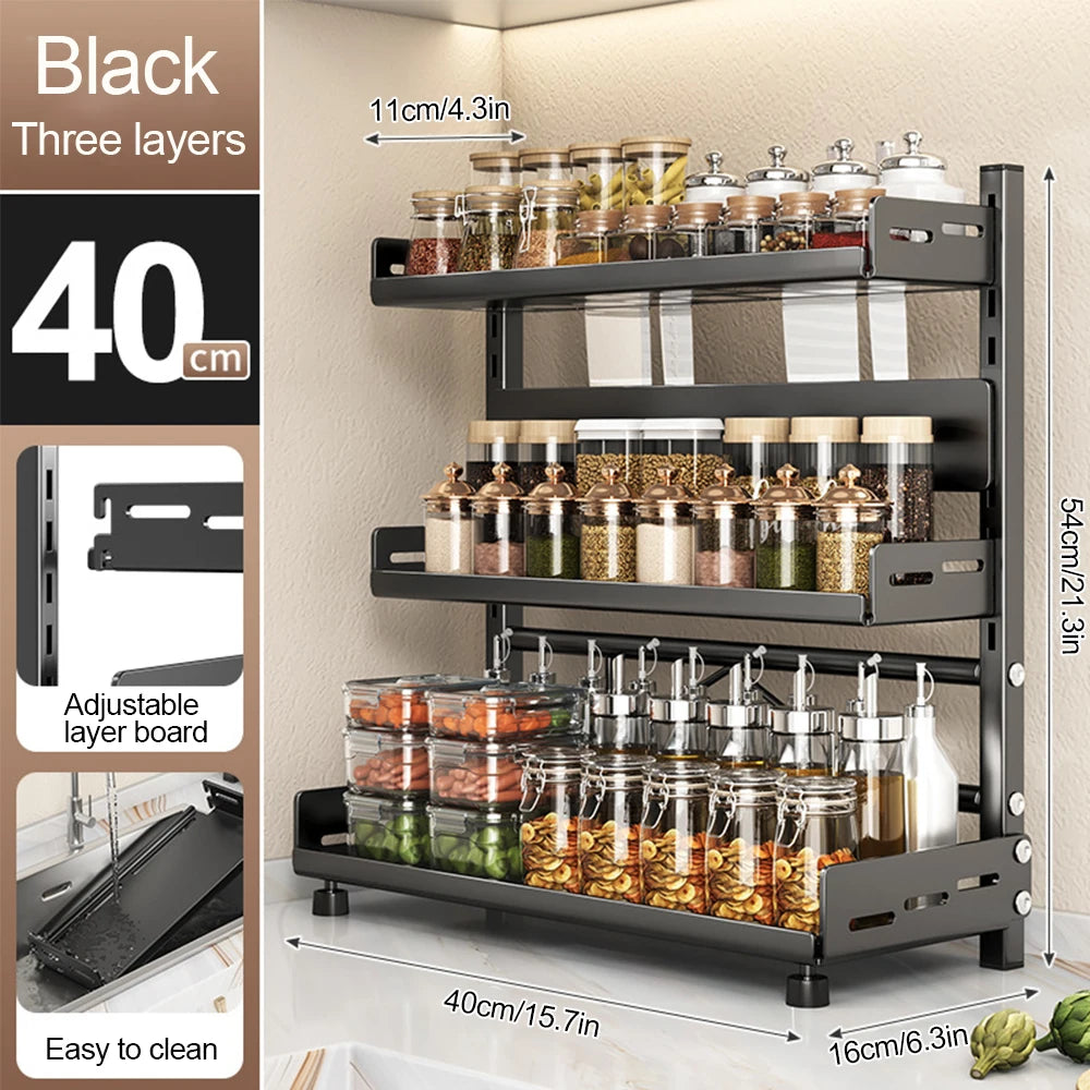 3‑Tier Spice Storage Rack – Adjustable Countertop Organizer, Metal Shelf in Black