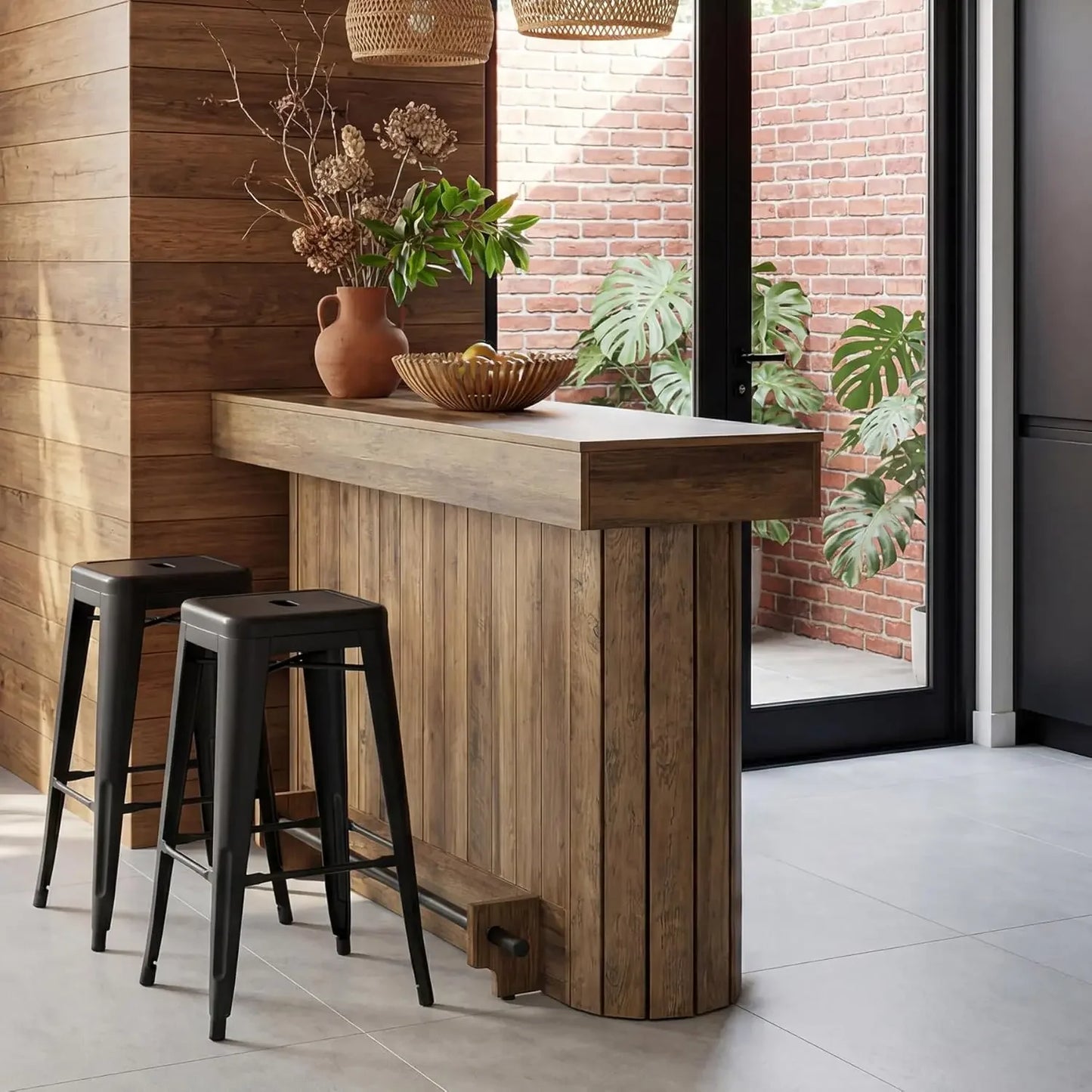63-Inch, 3-Tier Wooden Home Bar Table with Metal Footrest