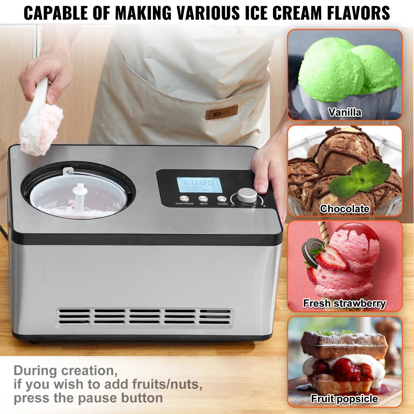 Automatic Ice Cream Maker with Built-in Compressor, 2 Quart No Pre-freezing, Fruit Yogurt Machine, Electric Sorbet Maker