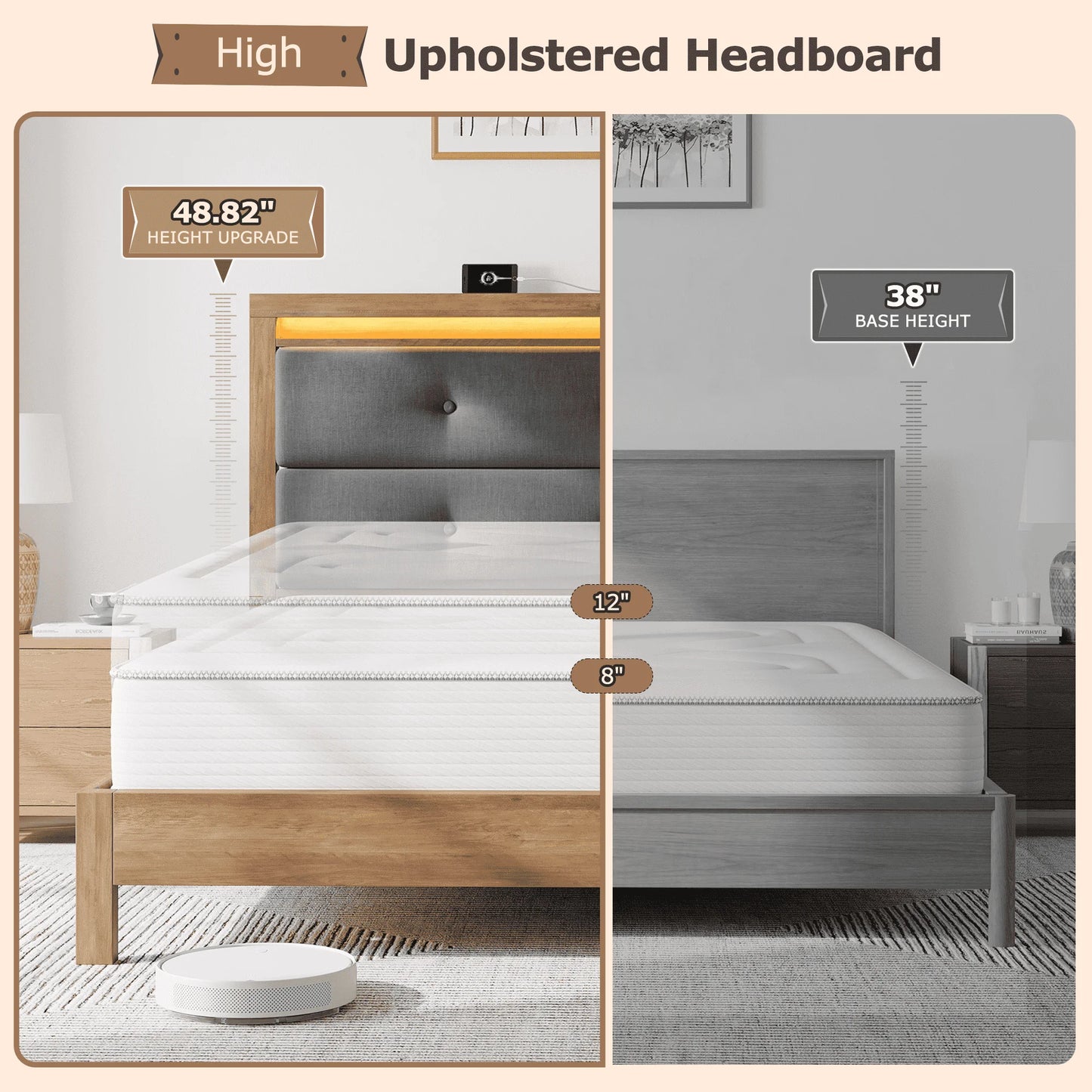 Platform LED Light Bed Frame with Upholstered Headboard with Charging Station, No Box Spring Required