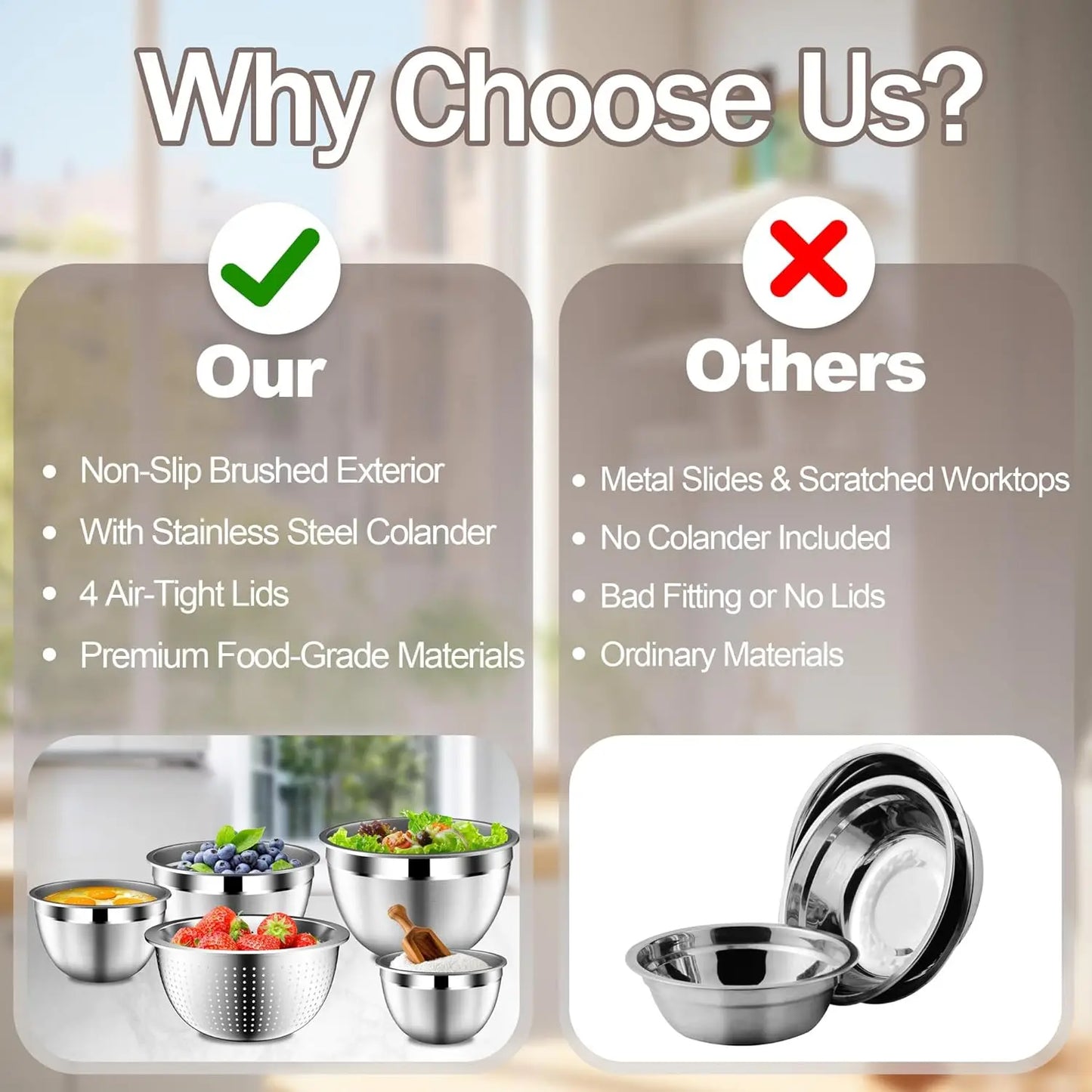 Stainless Steel Mixing Bowls with Lids – Stackable 5‑Piece Set with Strainer (Beige)