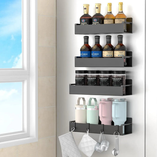 4‑Pack Magnetic Spice Rack Organizer – Black Refrigerator & Oven Storage Shelves for Kitchen Essentials
