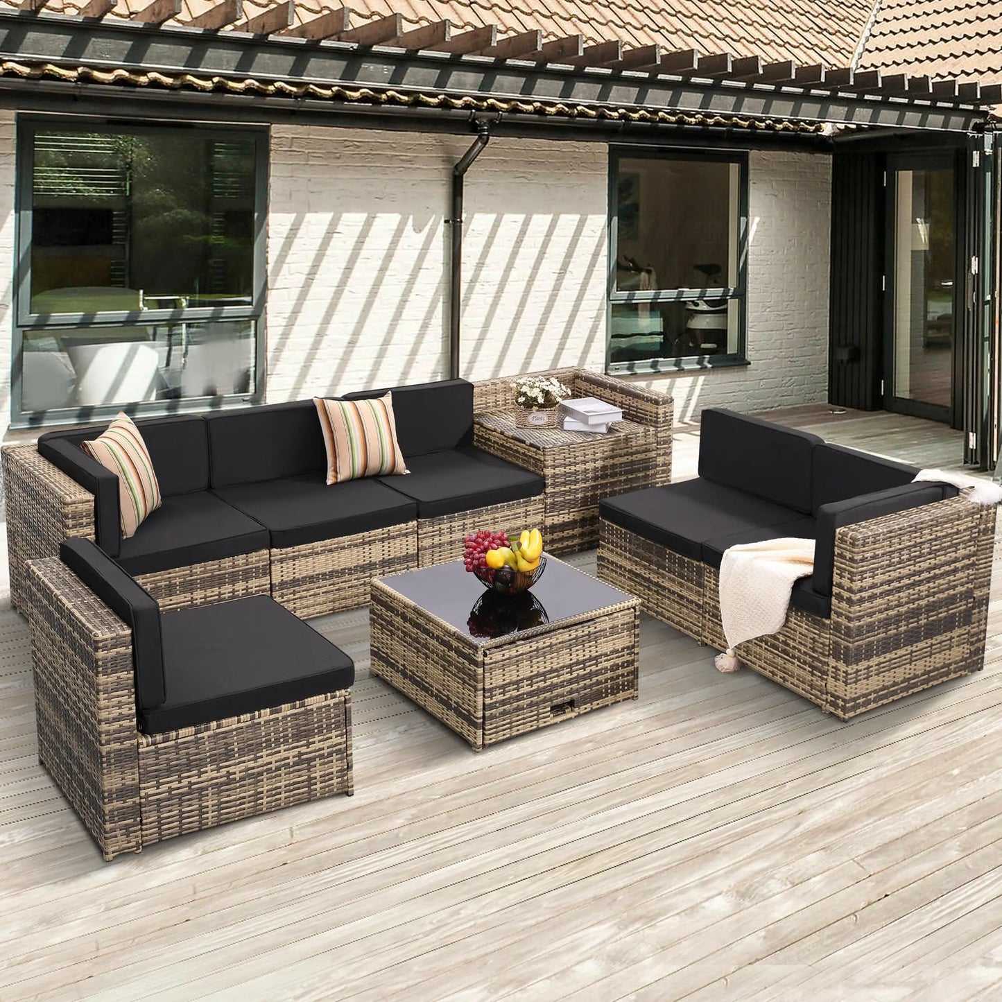 4‑Piece All‑Weather Rattan Sectional Sofa – Outdoor Patio Furniture Set with Cushions & Tempered Glass Table