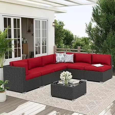 7-Piece Outdoor Patio Sofa Set - Black Rattan Wicker Set with Glass Top Table and Cushions(Red)