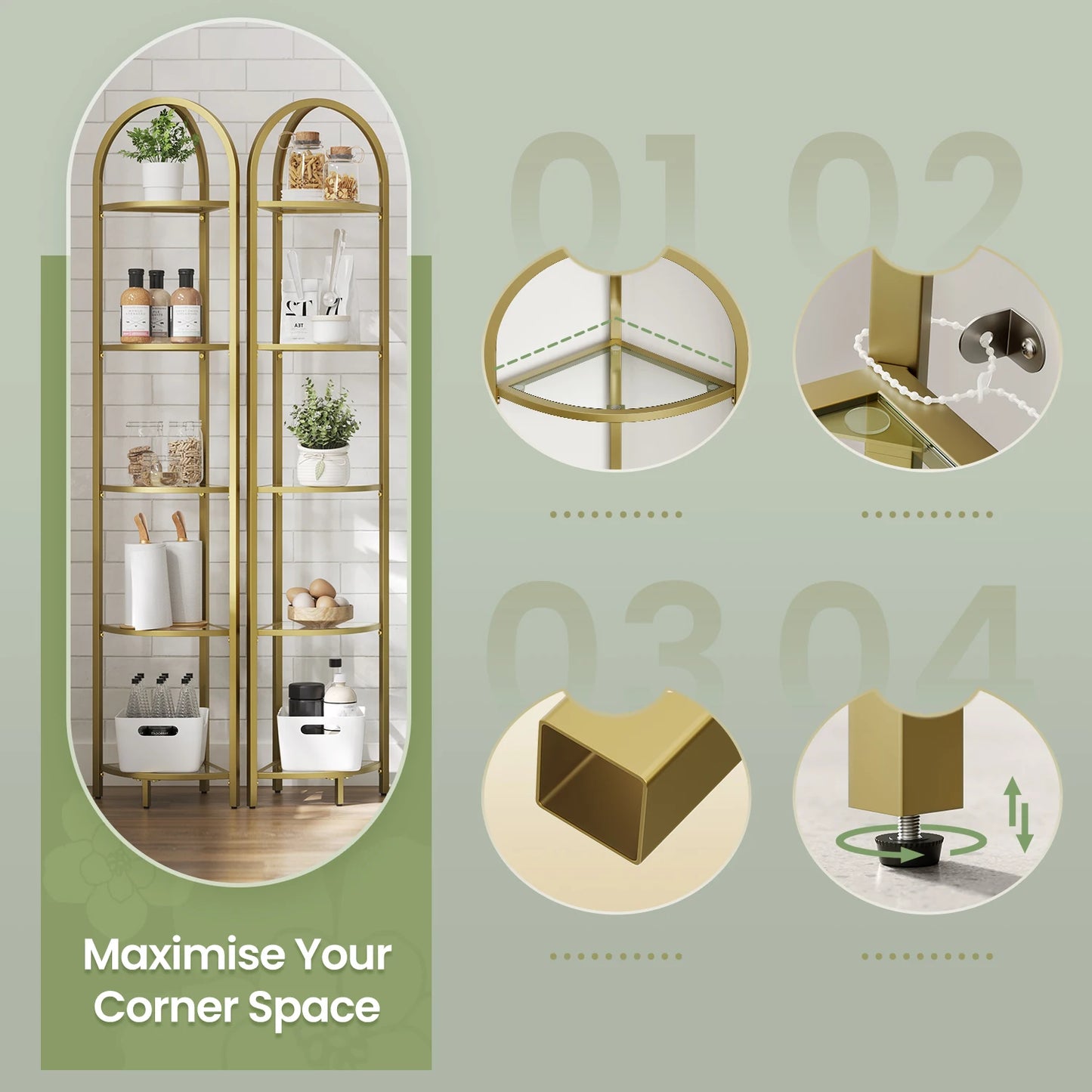 5-Tier Tempered Glass Corner Shelf | Modern Steel Frame Storage & Display Stand