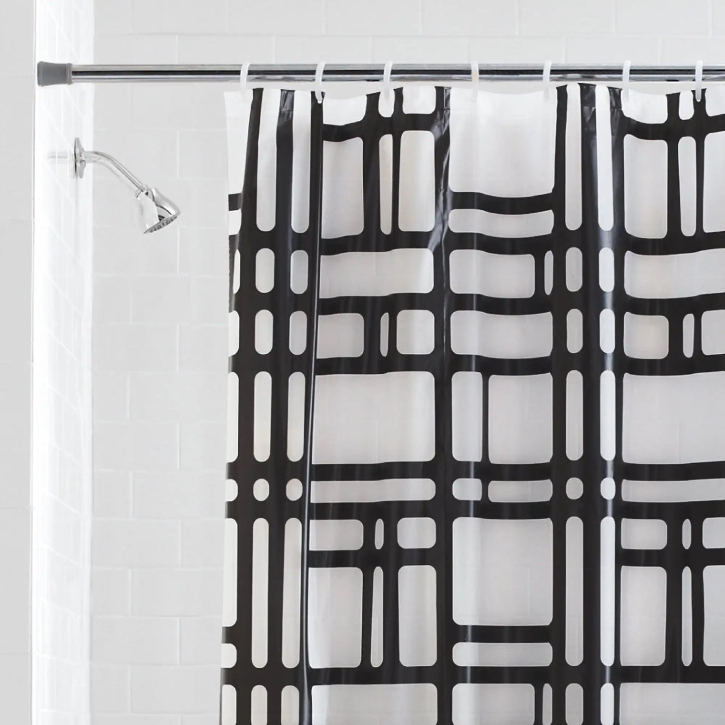 Black shower curtain, 70 inches x 72 inches, geometric design, frosted finish.