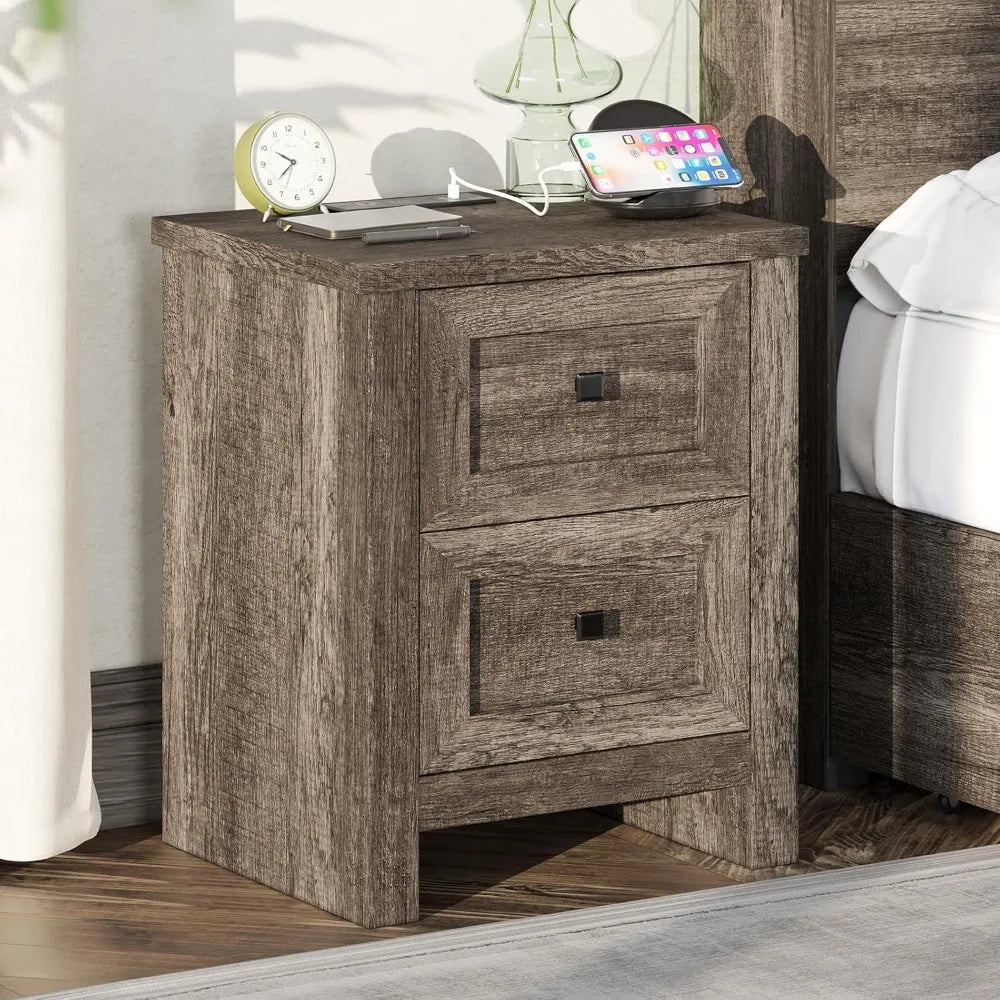 Set of 2 Farmhouse Nightstands – Rustic Bedside Tables with Storage & Charging Outlets