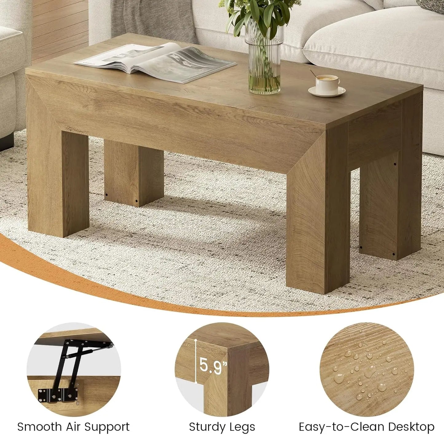 41" Lift Top Coffee Table, Wooden Rectangle with Hidden Storage