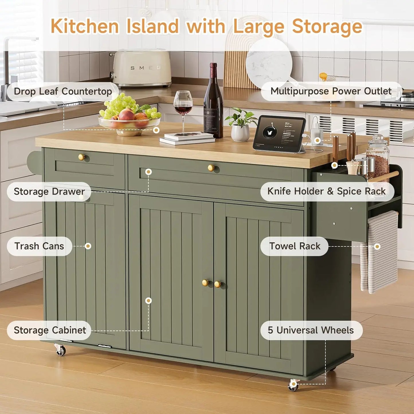 60" Kitchen Island with Power Outlet & Drop Leaf, Rolling Kitchen Island with Spice Rack, Towel Rack & Knife Slot
