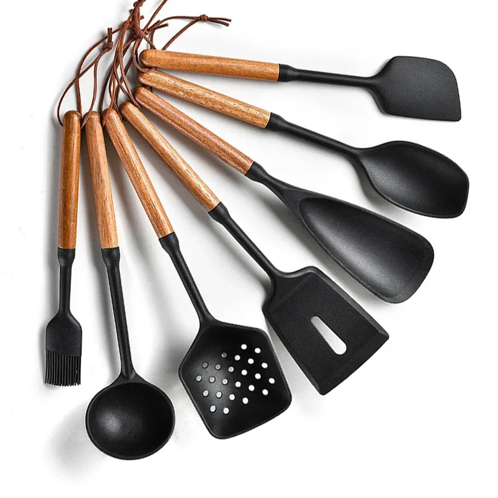 7Pcs Black Silicone Wooden Handle Cooking Tool Non-stick Kitchen Utensils