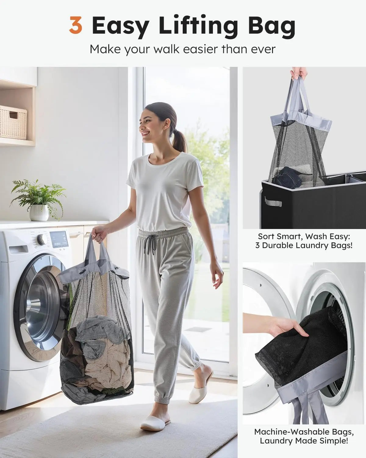 Extra Large Laundry Hamper with Lid, 3-Section Organizer for Laundry Room and Bedroom, Includes 3 Sturdy Handle Bage