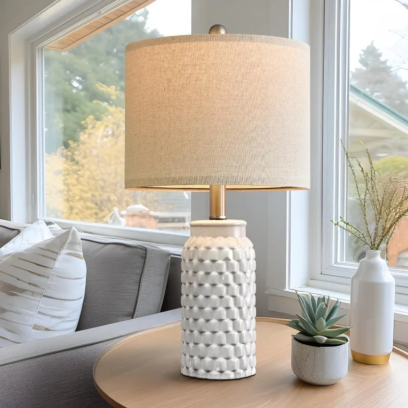 Modern White Ceramic Table Lamps (Set of 2) – 20.5" Bedside Lamps with Linen Shades