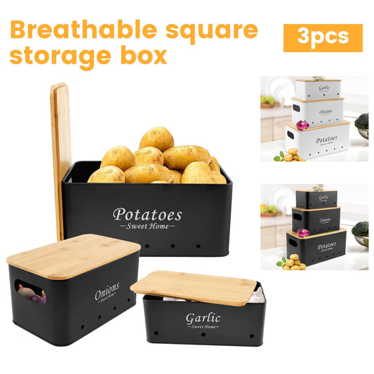 3Pcs Set Onion Garlic Potato Storage Box Carbon Steel with Vent Hole for Vegetables