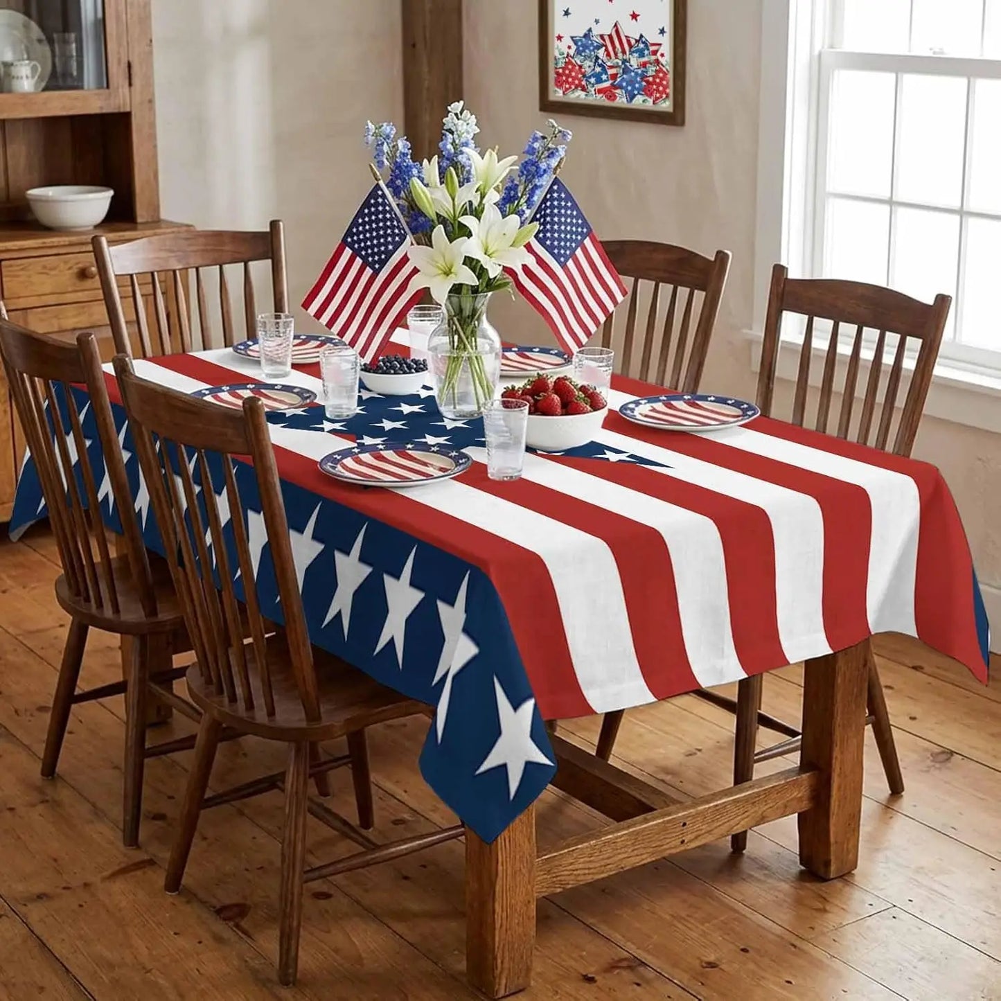 4th of July Patriotic Tablecloth – Red White Blue Stars & Stripes Table Cover for Holiday Party Decor
