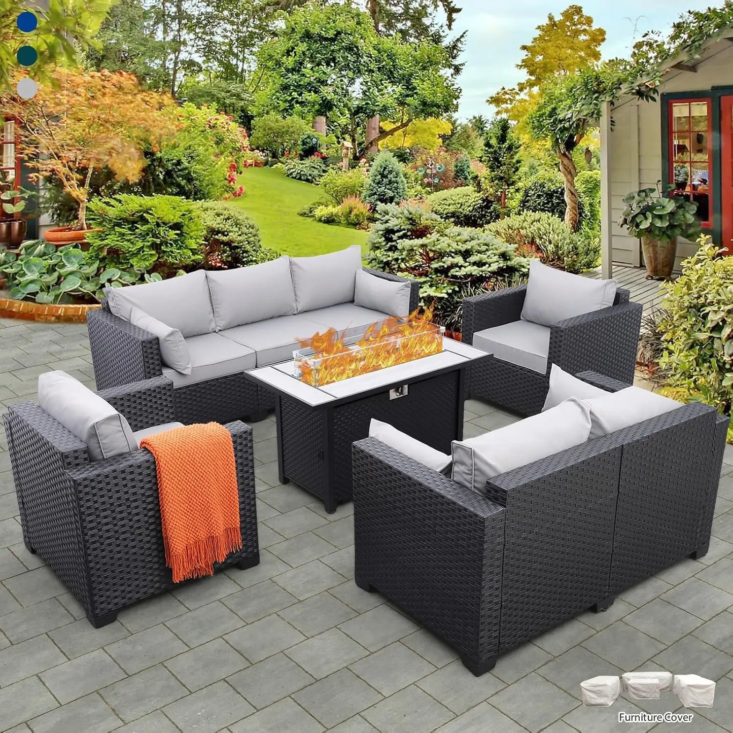 Patio Furniture Set with 45" Fire Pit, Patio Couch, Outdoor Chairs, 60000 BTU