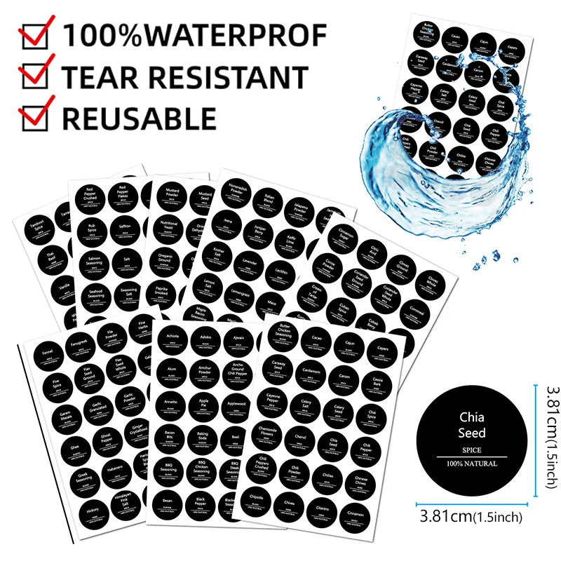 275-PCS Spice Jar Storage Labels - Self-Adhesive, Waterproof, Preprinted, Transparent, Black Letter Stickers for Kitchen Spice Jars